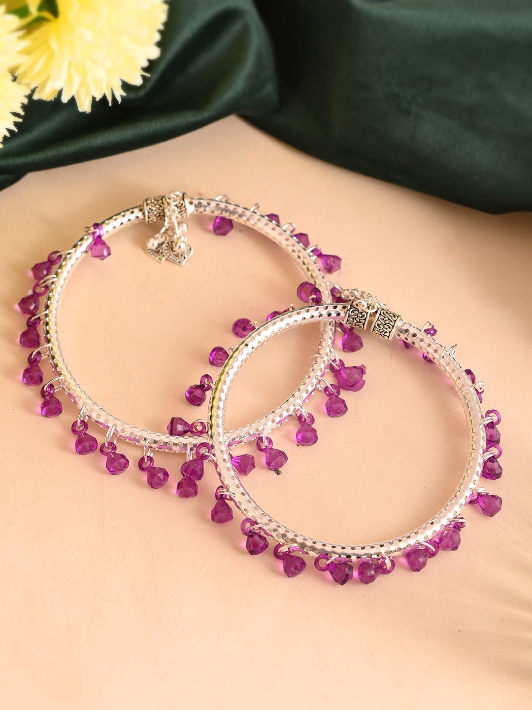 Dazzling Purple Beaded Silver-Toned Anklets | Stylish Indian Payal for Women