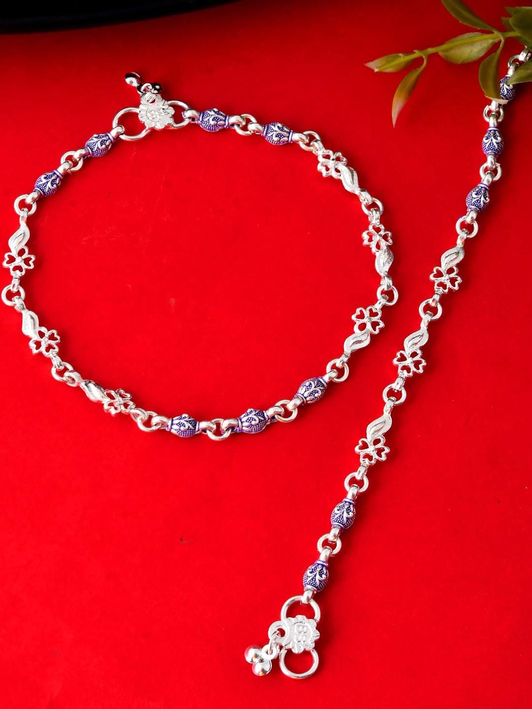 Elegant Artificial Silver-Toned Indian Anklets | Blue Enamel Payal for Women