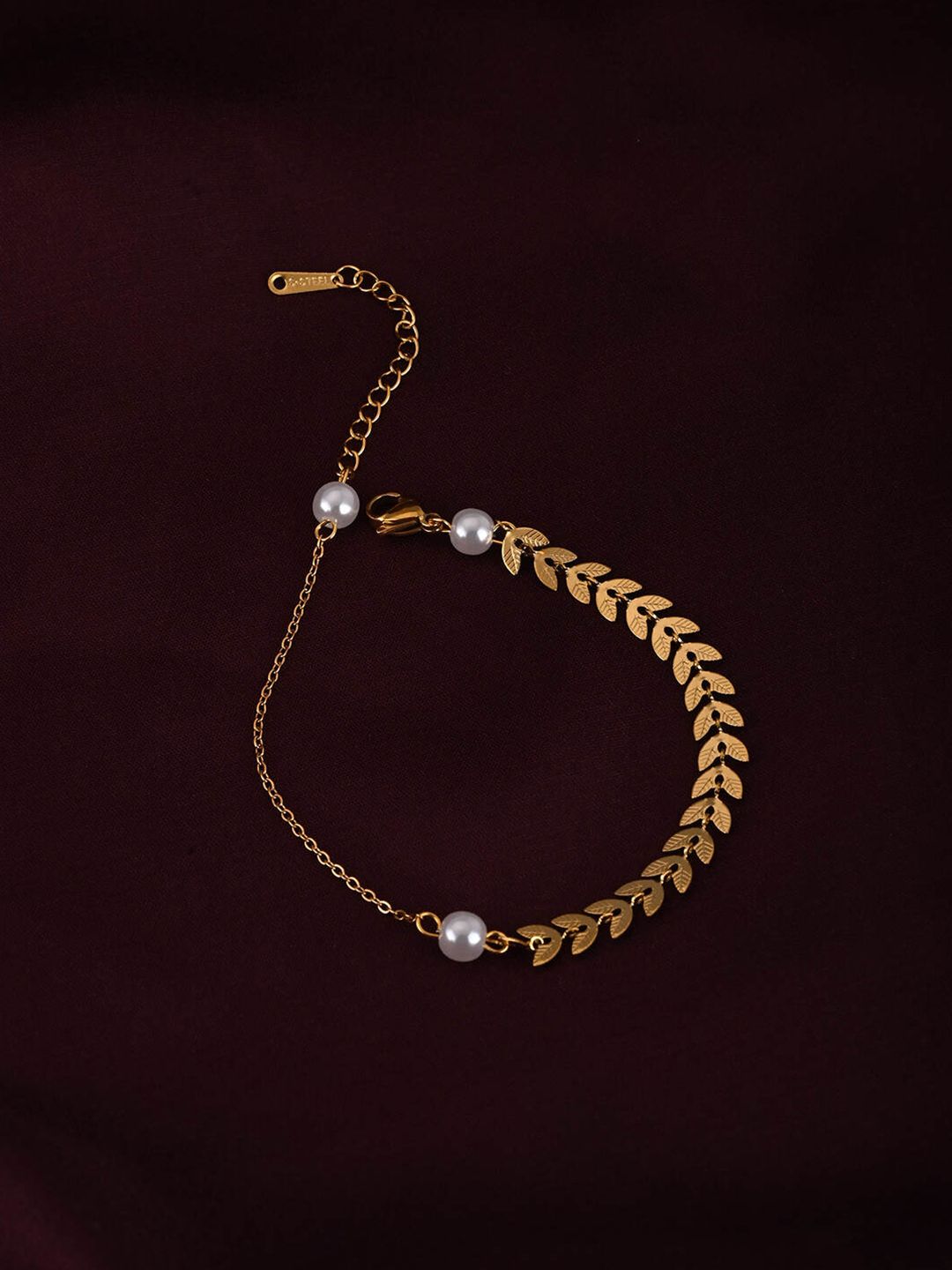 Elegant Gold-Plated Leaf & Pearl Bracelet | Stylish Artificial Jewelry for Women