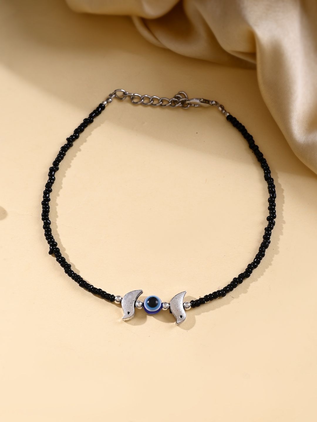 Evil Eye Black Beaded Payal: Stylish Artificial Anklet for Women | Silver-Toned Finish