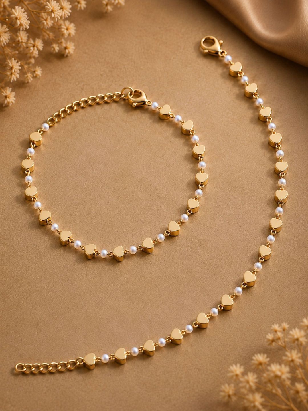 Gold Plated Beaded Heart Detail Anklets Set