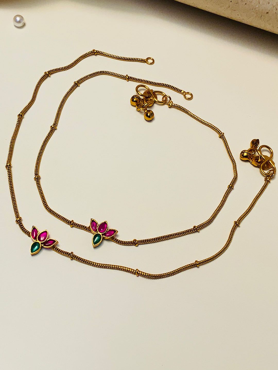 Gold-Plated Beaded Layered Anklets