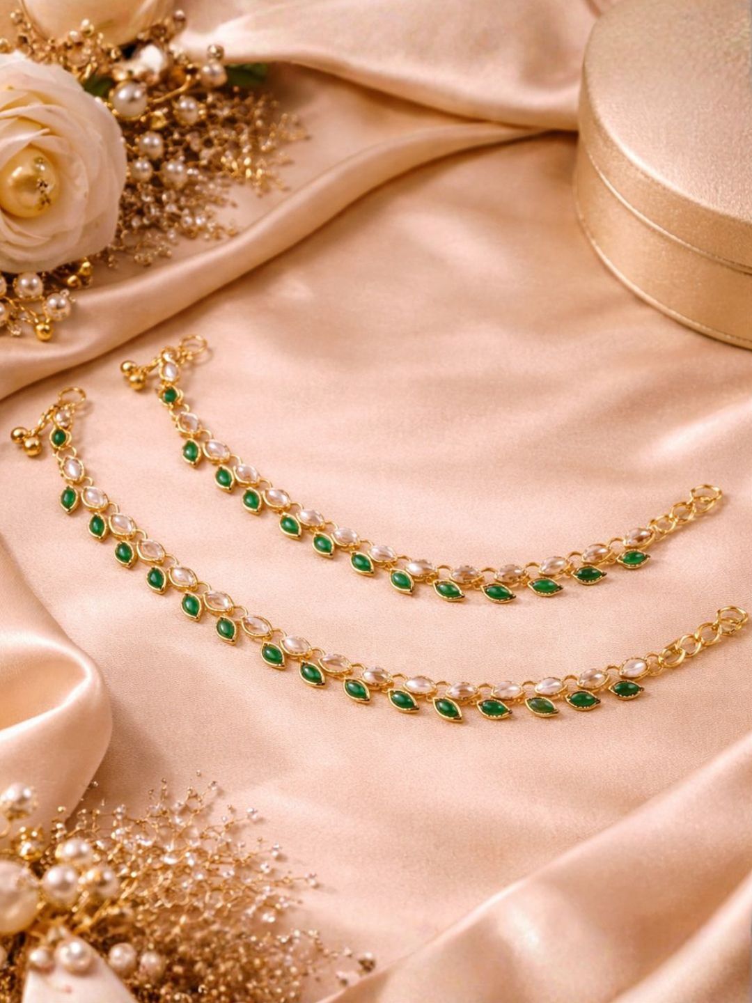 Gold-Plated Indian Anklets (Payal) | Emerald Green & Pearl Style for Women
