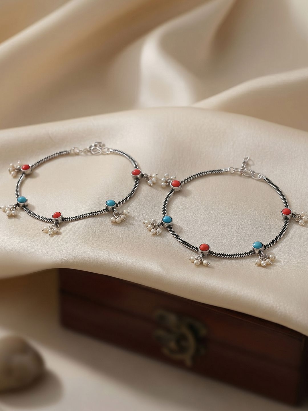 Oxidized Silver-Plated Payal: Stylish Indian Anklets with Colorful Stones & Pearls