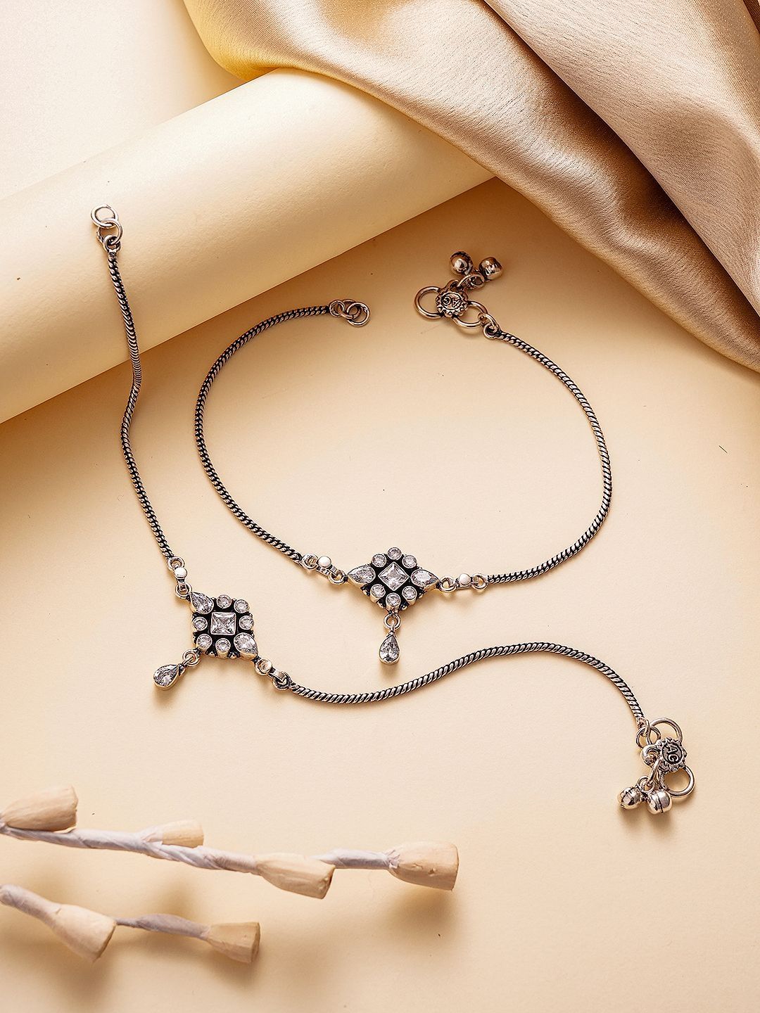 Rhodium Plated Beaded Anklets with Beads