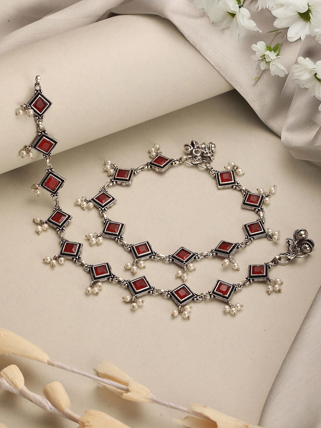 Saraf RS Jewellery Beaded Rhodium Plated Anklets