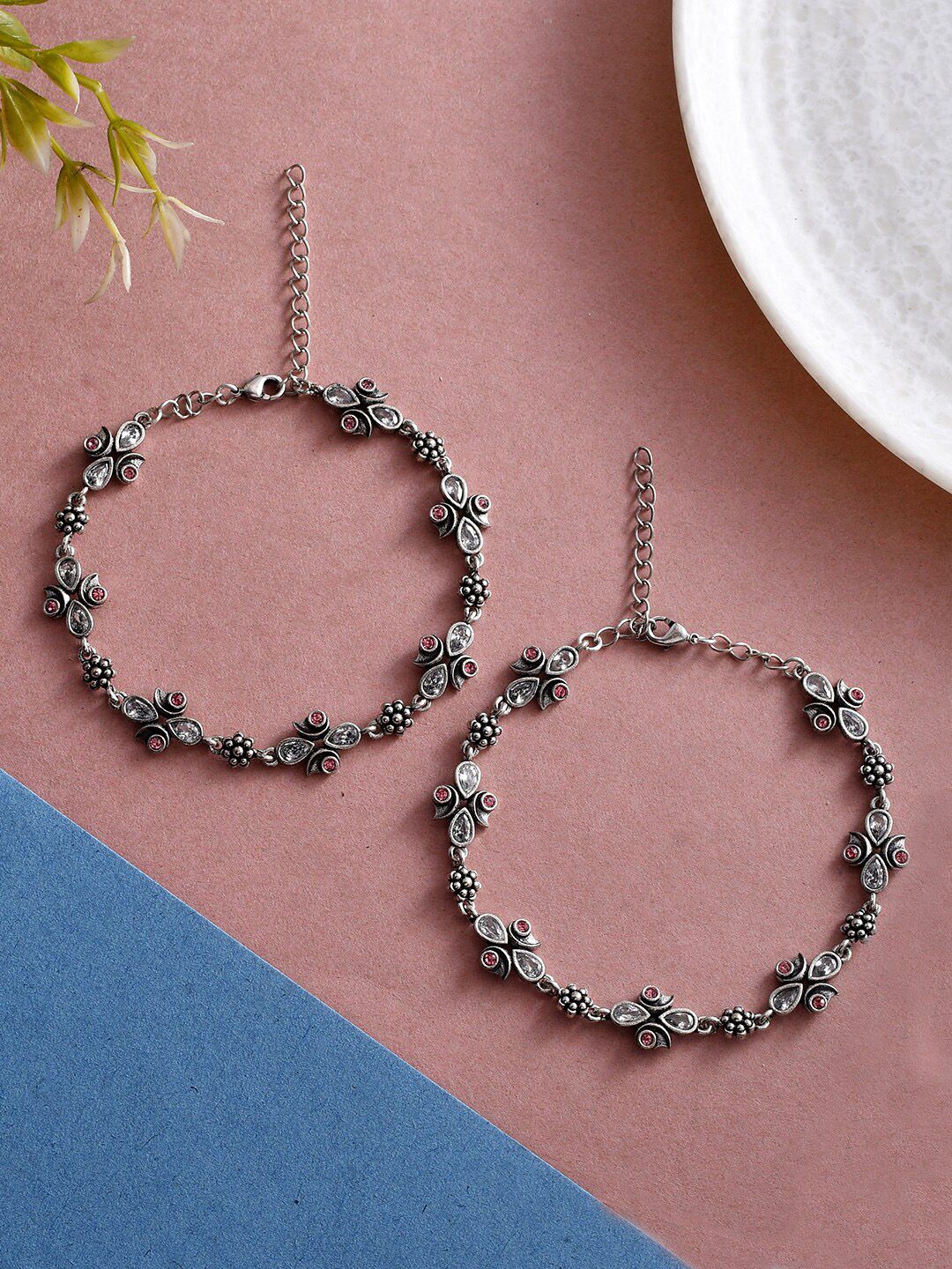 Silver Plated Pink and White Stone Anklets