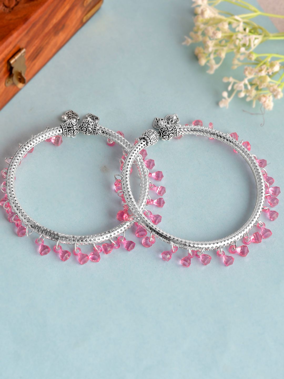 Silver-Plated Pink Beaded Kada Anklets