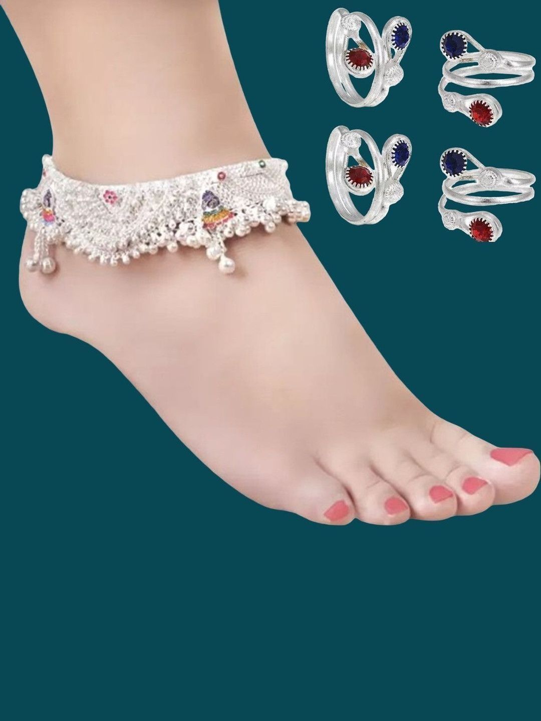 Sparkling Artificial Silver Payal & Bichiya Set | Indian Anklets & Toe Rings for Women