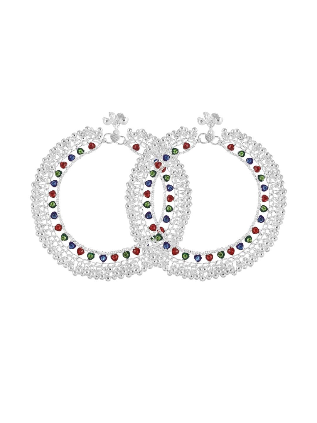 Sparkling Silver-Plated Indian Anklets (Payal) | Multicolor Stone & Bell Design for Women