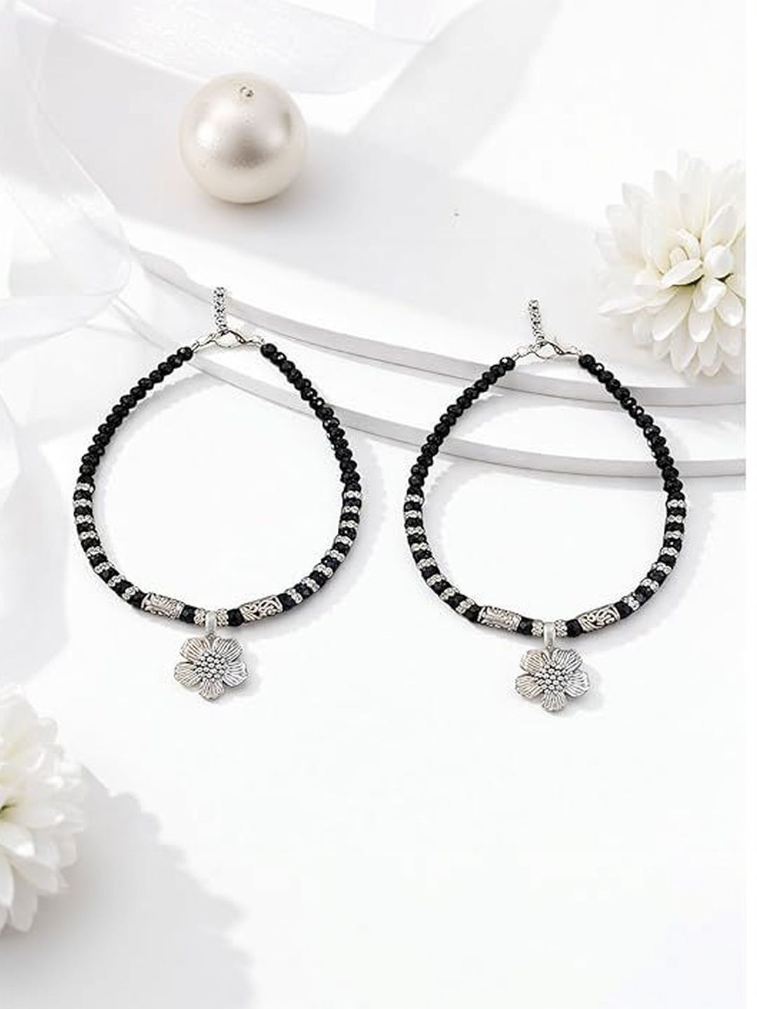 Stylish Artificial Silver Indian Anklets (Payal) | Black Bead Flower Charm for Women