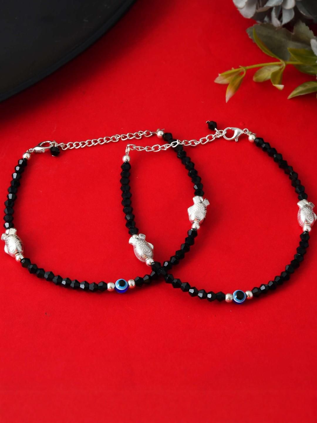 Trendy Black Beaded Artificial Silver Payal with Evil Eye Charm | Indian Anklets