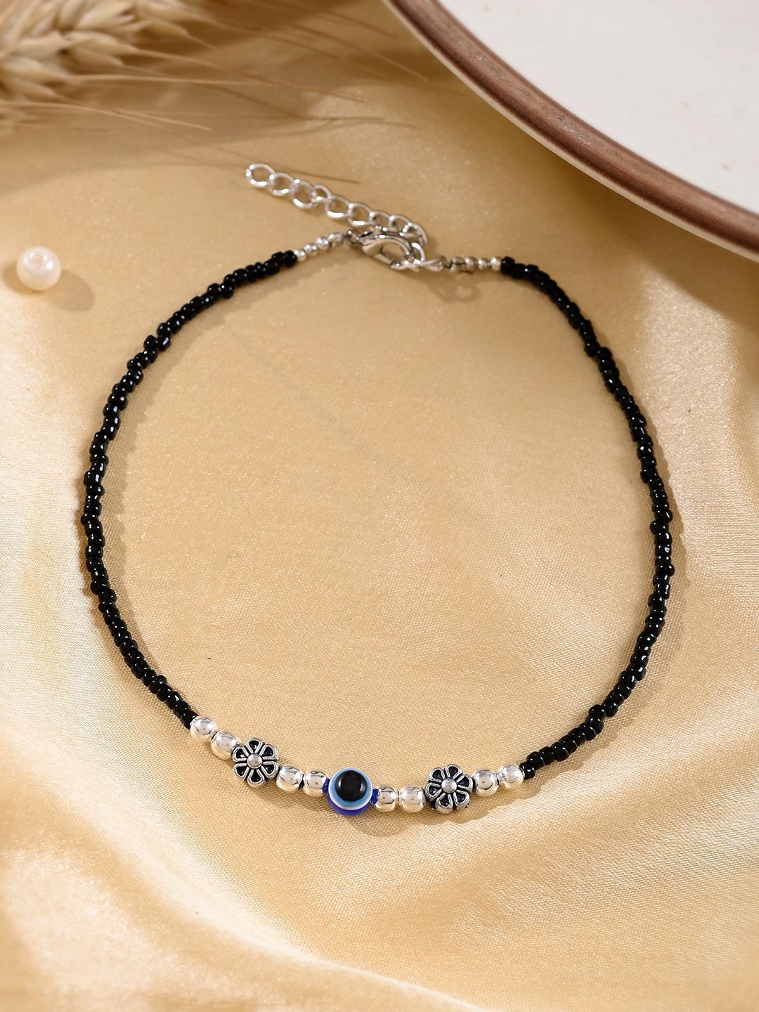 Trendy Evil Eye Black Beaded Payal | Artificial Silver-Toned Anklet for Women