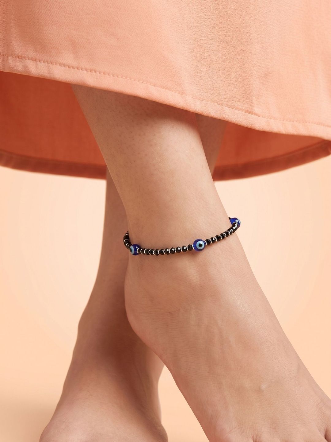 Trendy Evil Eye Payal: Black & Blue Beaded Artificial Anklet for Women