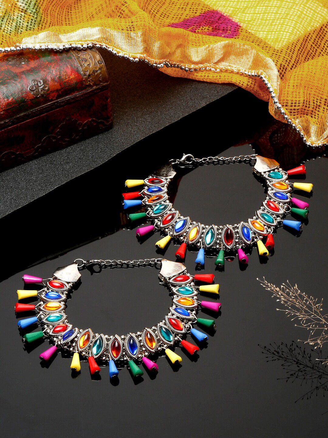 Vibrant Multi-Color Stone Artificial Silver Anklets for Women | Stylish Indian Payal