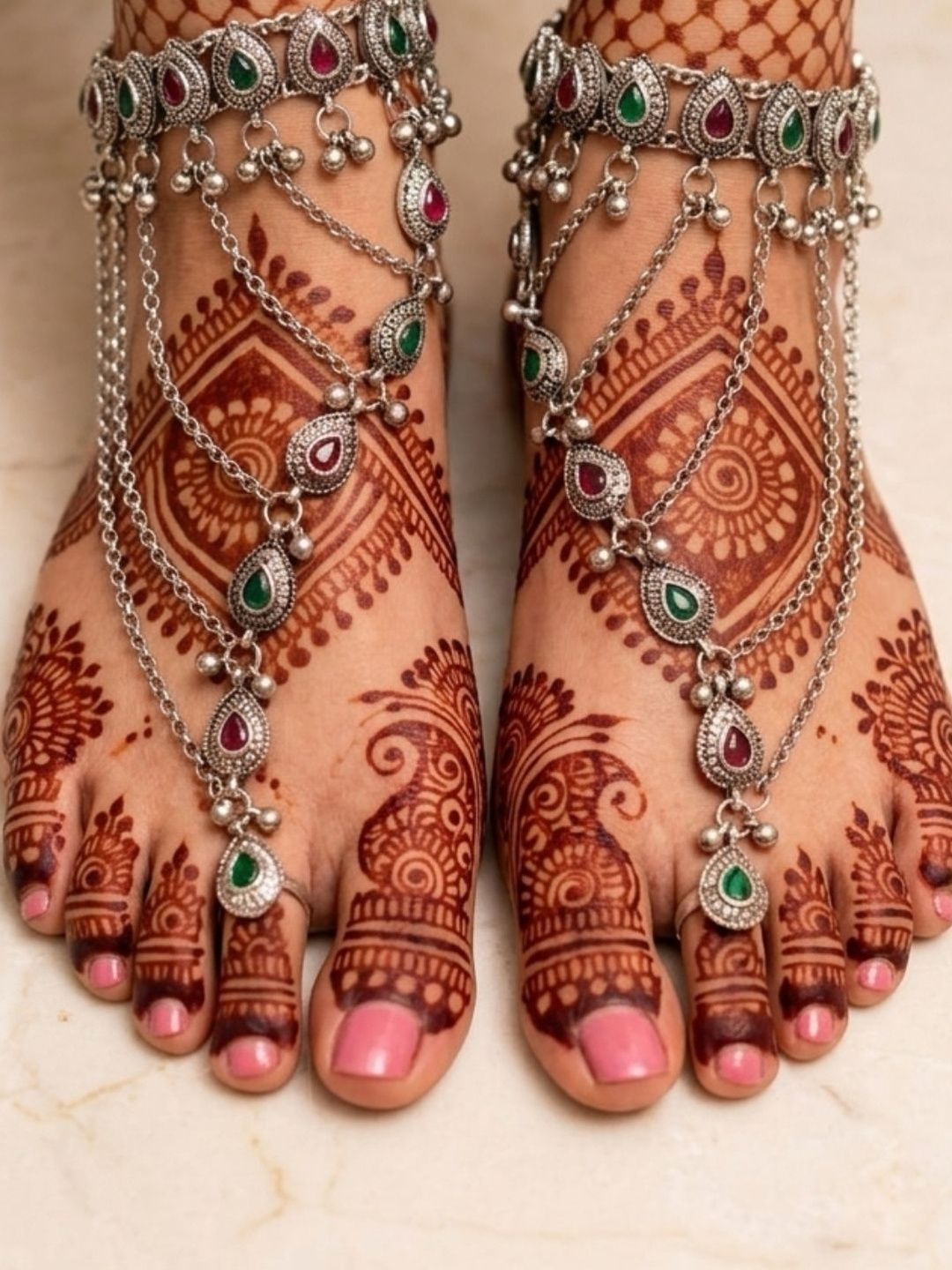 VIVAZS Oxidised Kundan Layered Anklets