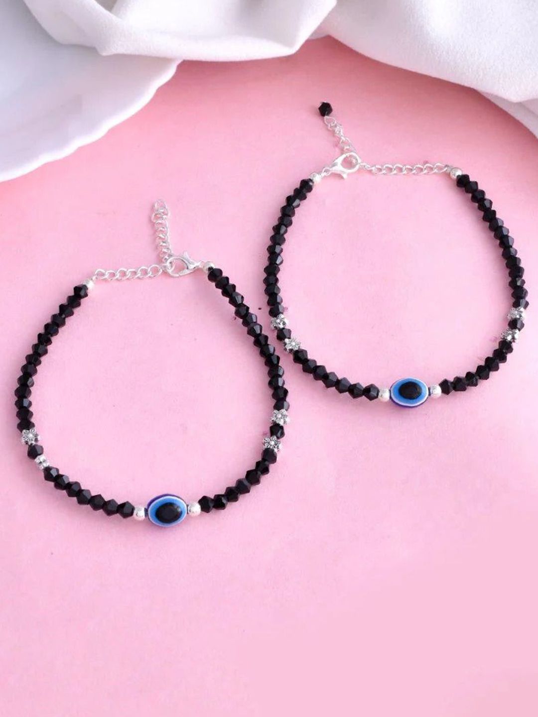 Ward Off Evil with Style: Black Beaded Evil Eye Payal for Women | Artificial Silver Anklets