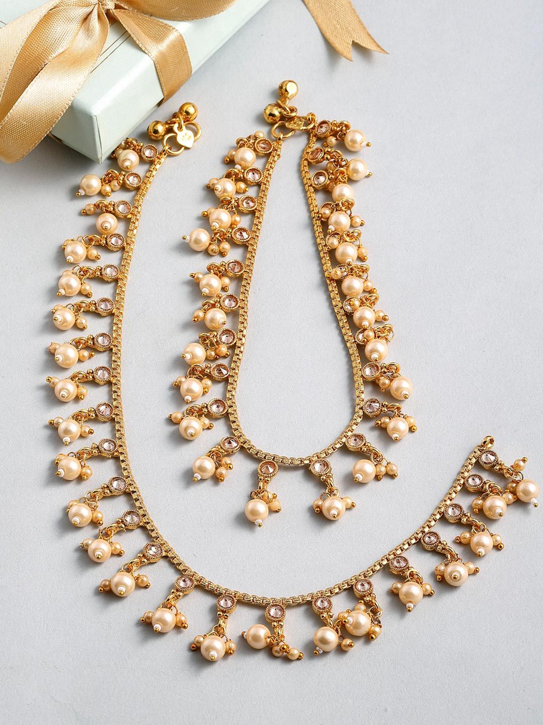 ZENEME Kundan Beaded Gold Anklets