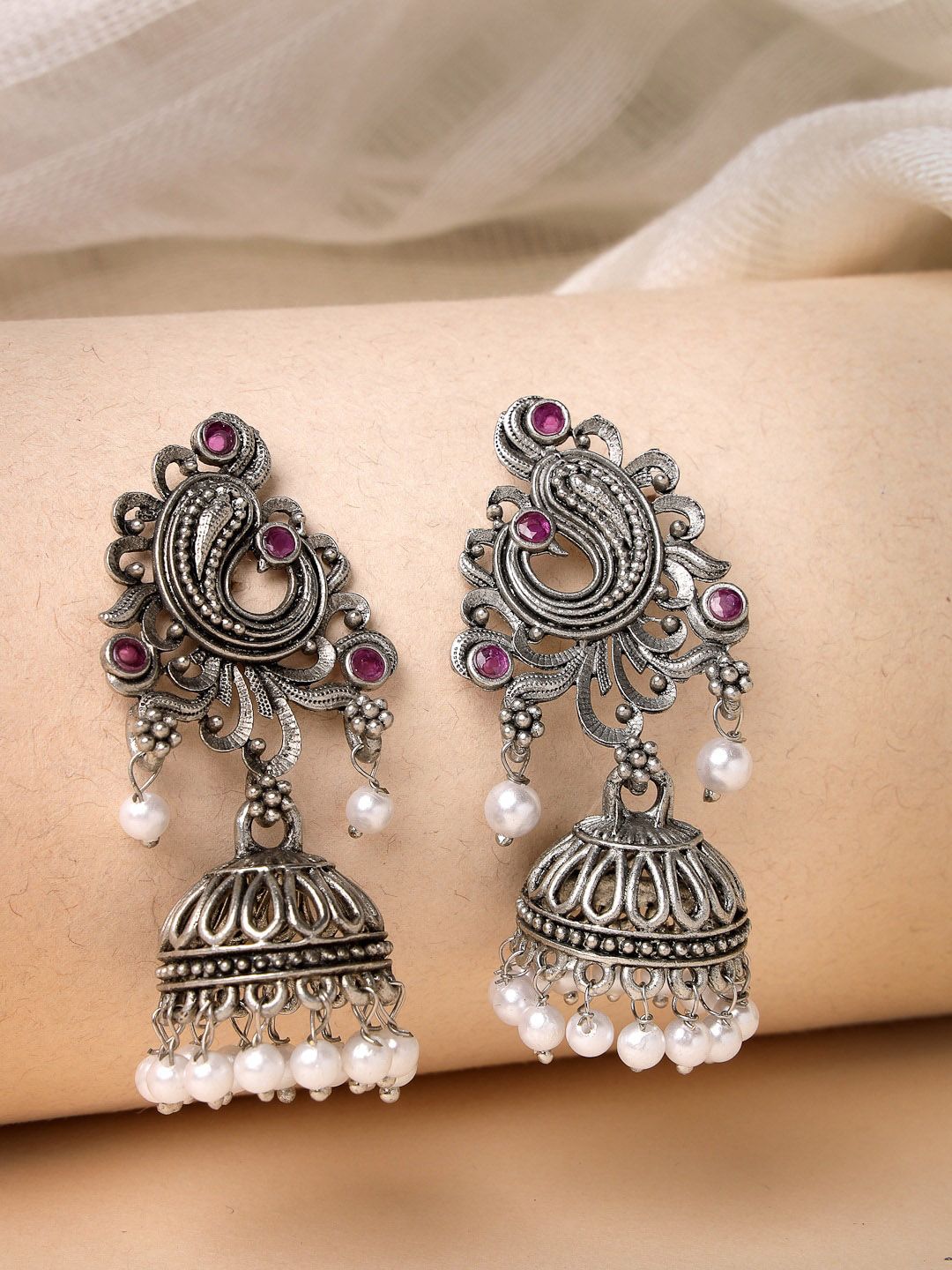 ADIVA Silver Oxidized Peacock Jhumka for Women