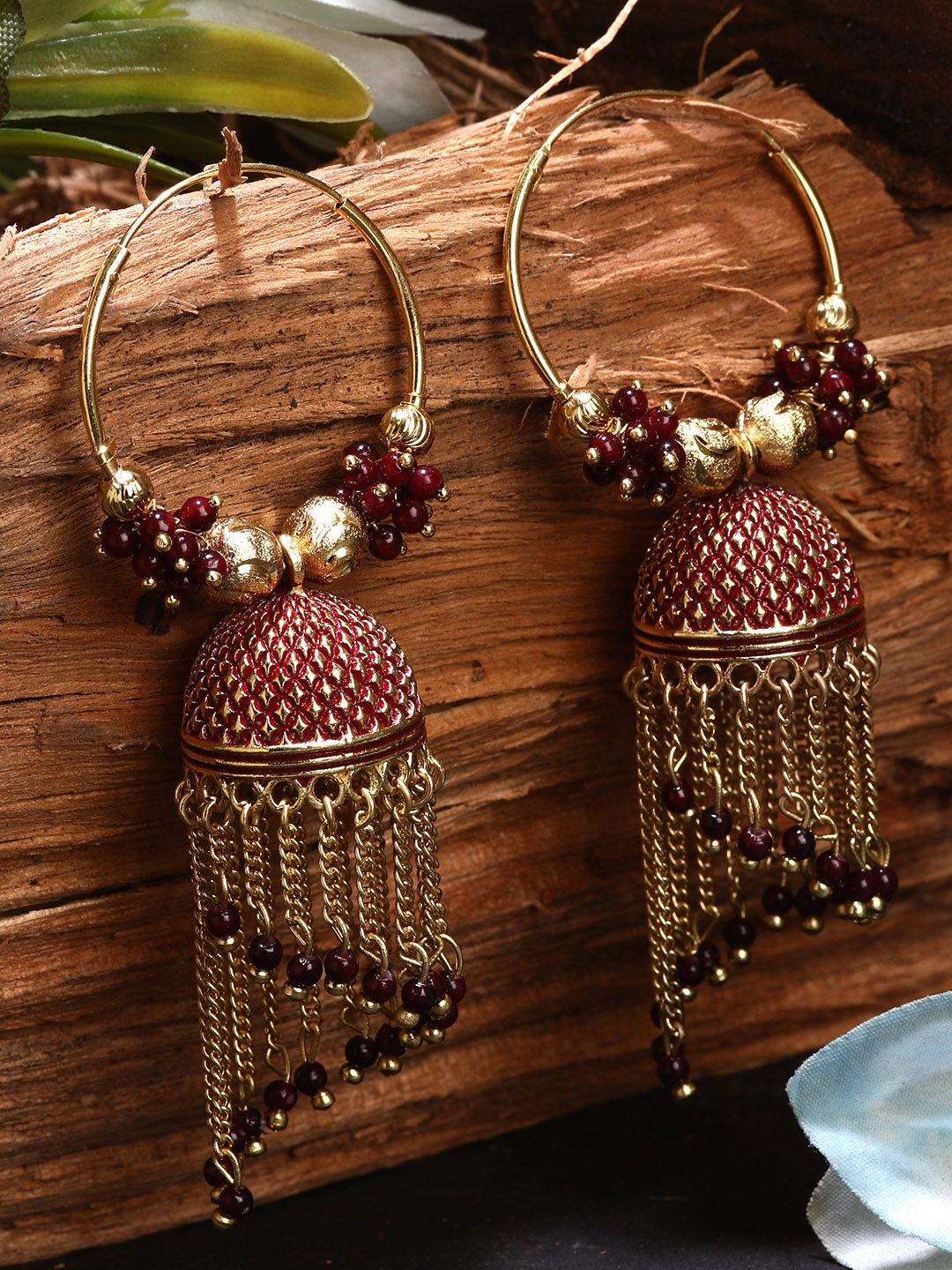 Anikas Creation Maroon Gold Jhumka Earrings