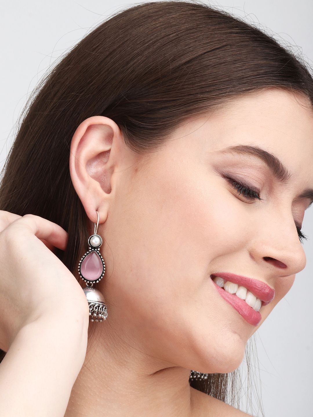 Anvik Silver Plated Stone Jhumka Designs