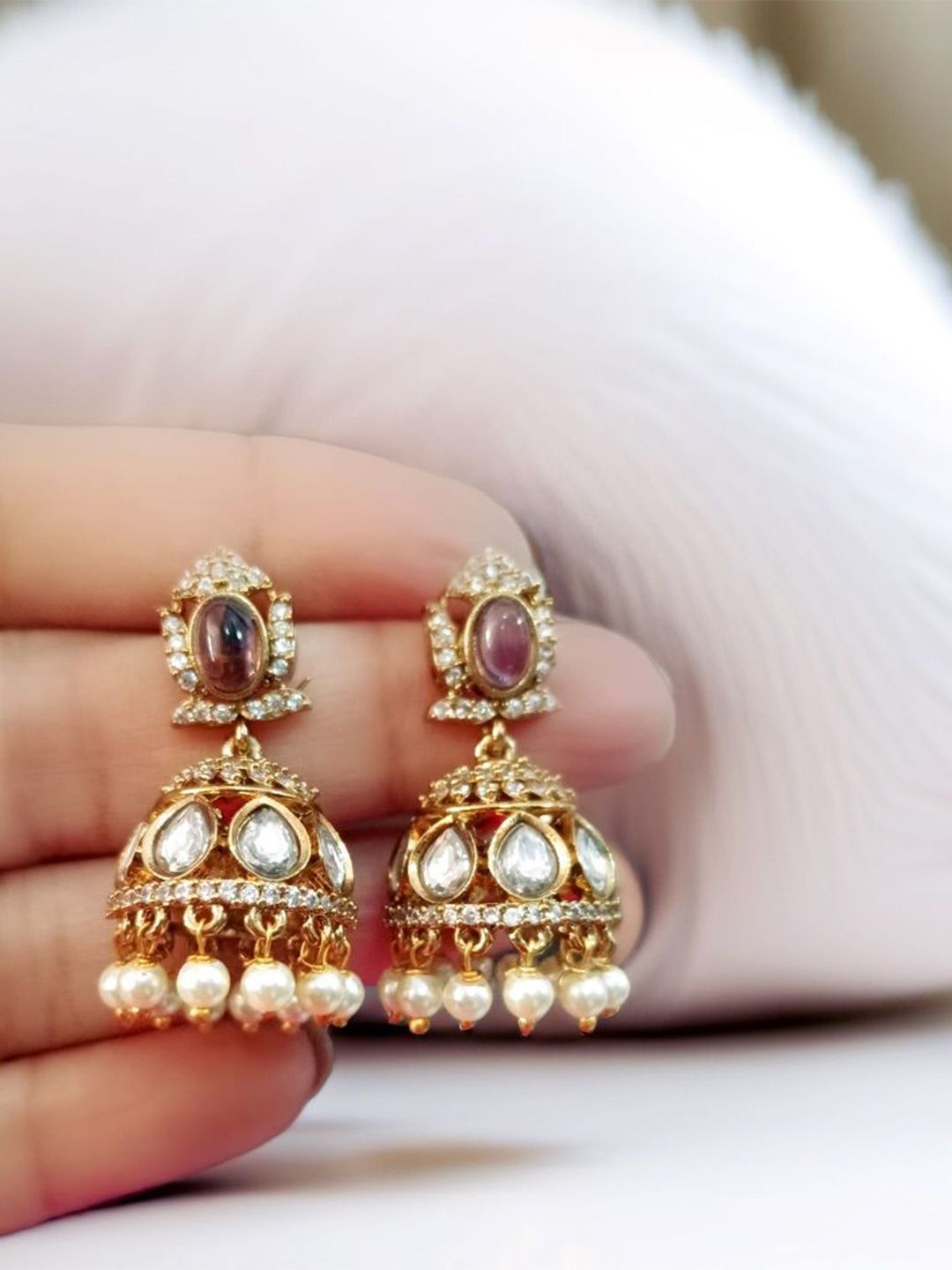 BlingNation Pearl Stone Dome Jhumka Earrings