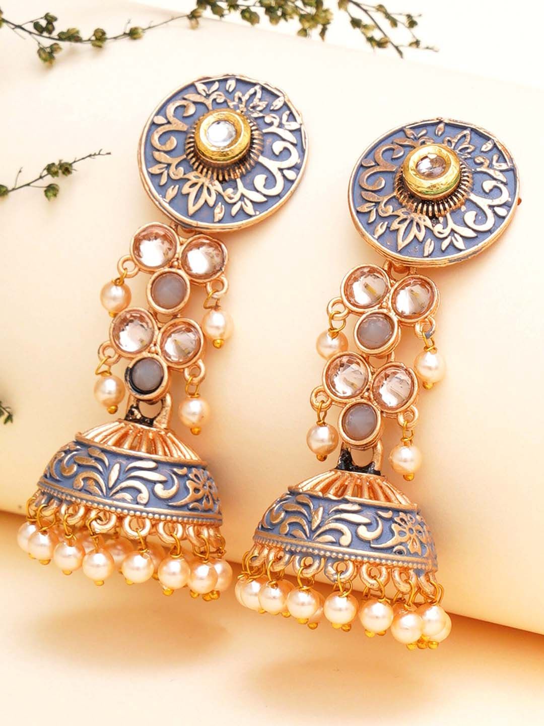 Blue Gold Plated Jhumka Earrings | Traditional Artificial Pearl Drop Jhumkas