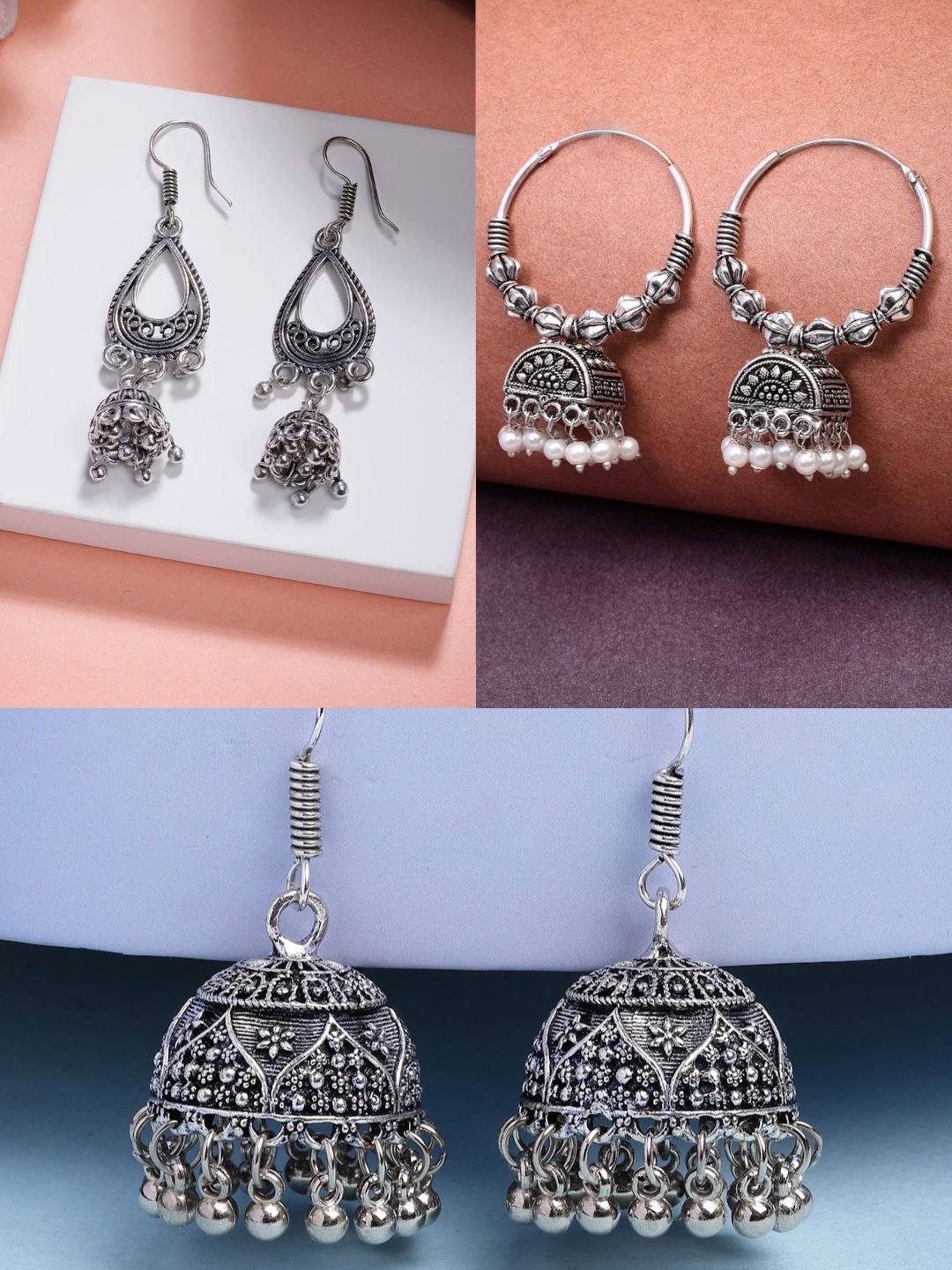 Buy Anouk Women Set Of 3 German Silver Oxidized Traditional Jhumka Earrings -  - Accessories for Women