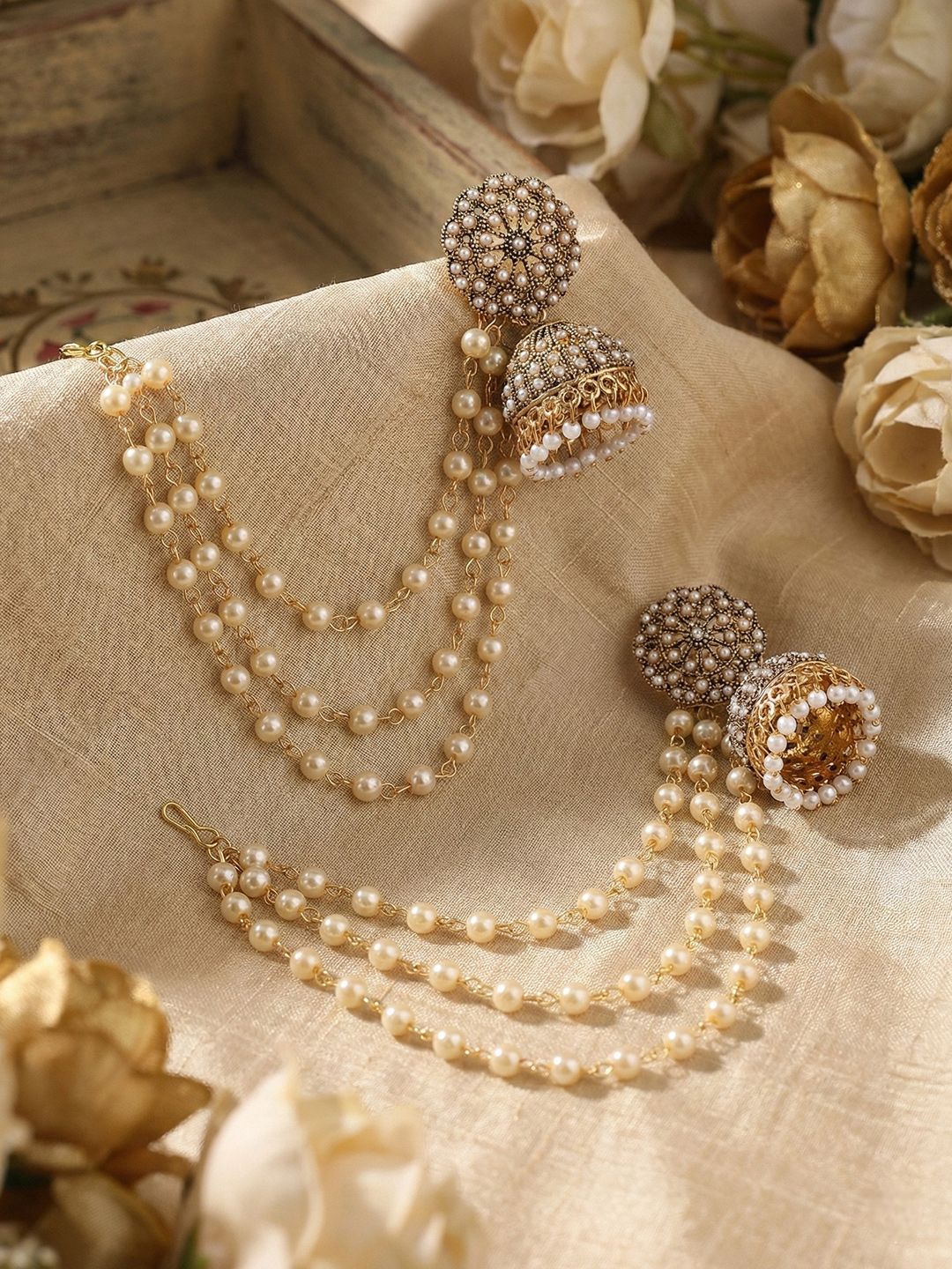 Designer Pearl Jhumka with Chain | Traditional Indian Artificial Earrings