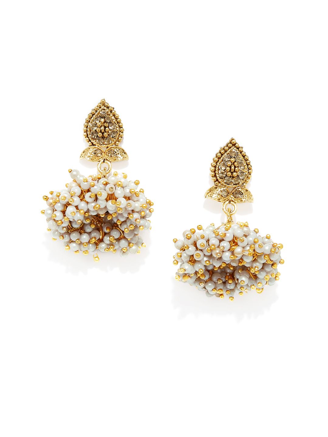 Elegant Gold-Plated Jhumka Earrings | Traditional White Beaded Indian Design
