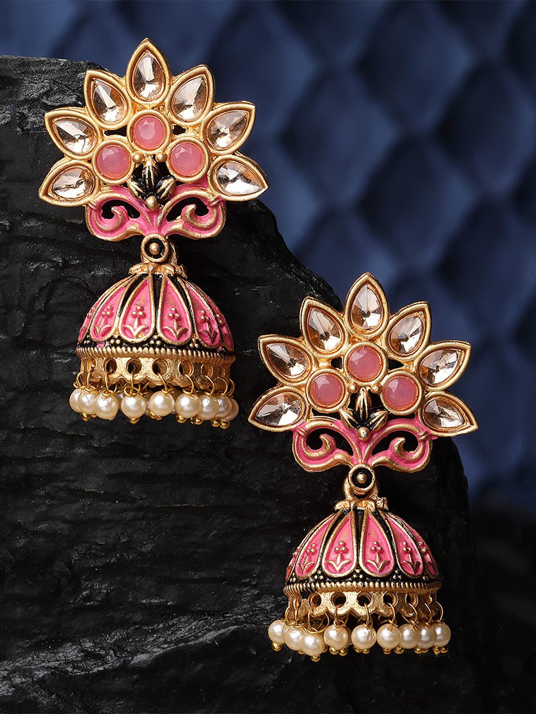 Elegant Gold Plated Pink Meenakari Jhumka Earrings