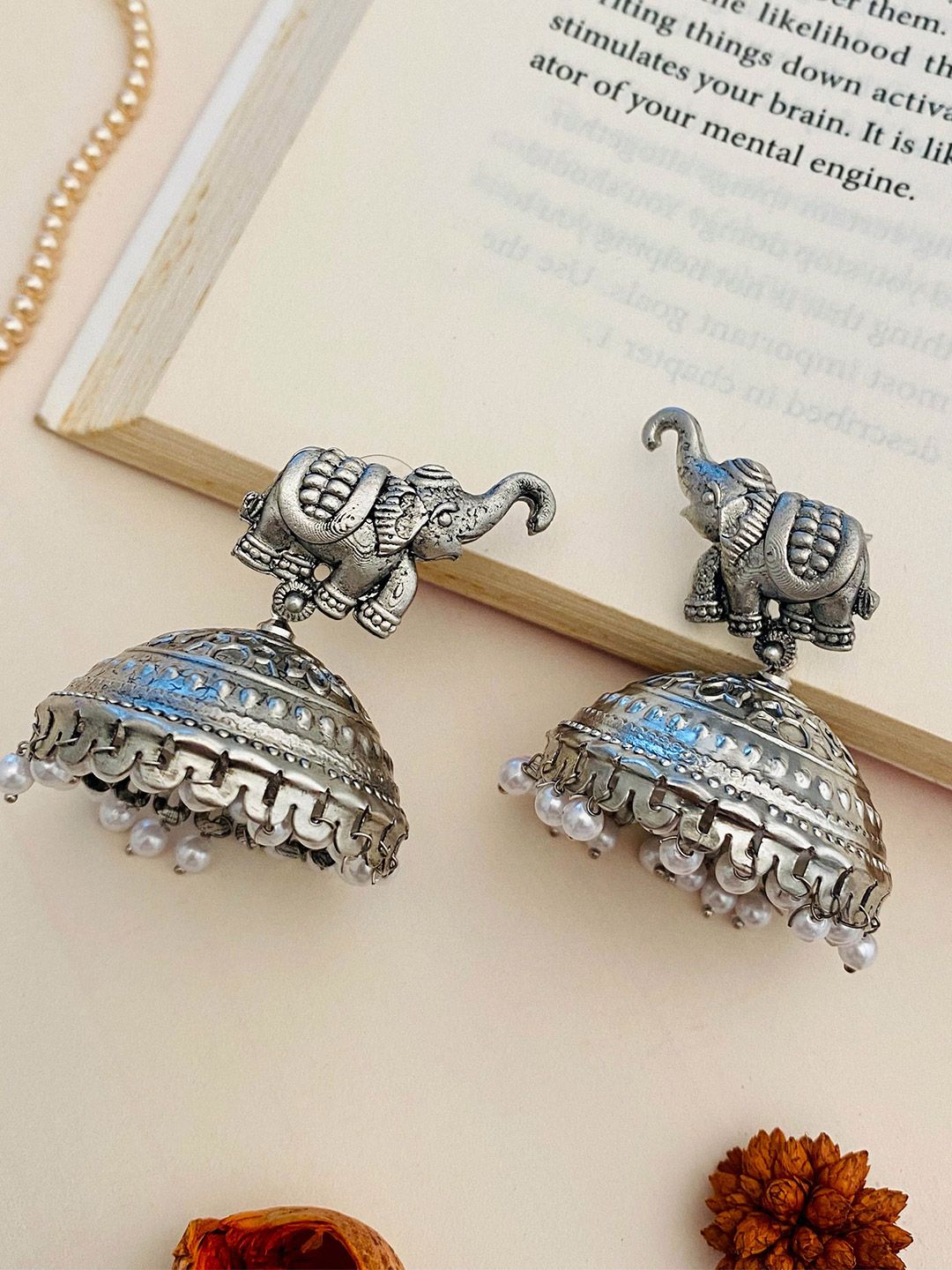 Ethnic Oxidized Elephant Jhumkas with Pearl Drops
