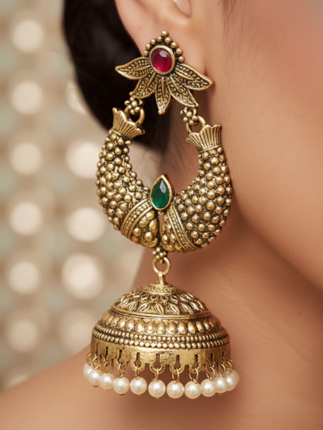Exquisite Antique Gold-Plated Indian Jhumka Earrings with Pearls & Gemstones