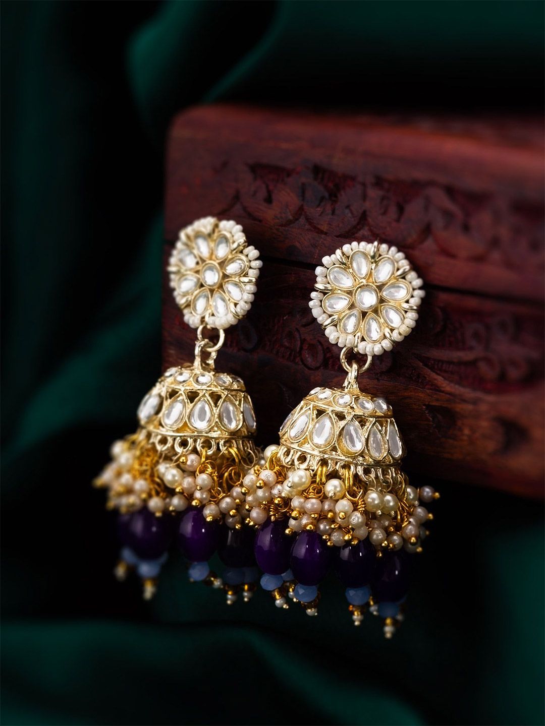 Exquisite Artificial Gold-Plated Jhumka Earrings with Kundan & Purple Beads