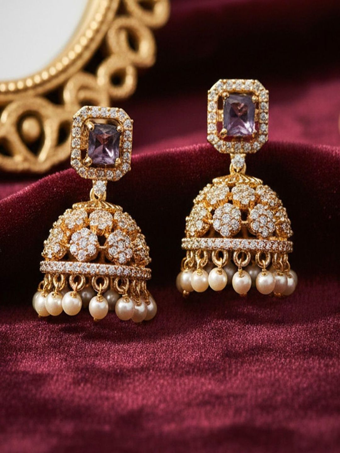 Exquisite Gold-Plated Jhumka Earrings | Traditional Indian Design with Purple Stone & Pearls