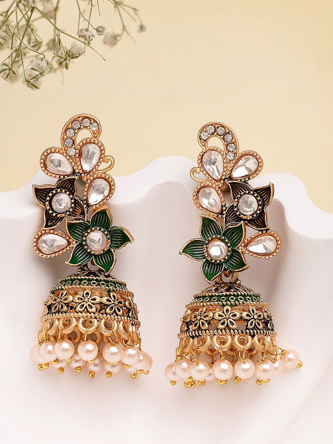 Exquisite Gold-Plated Kundan Jhumka Earrings with Green Enamel & Pearls