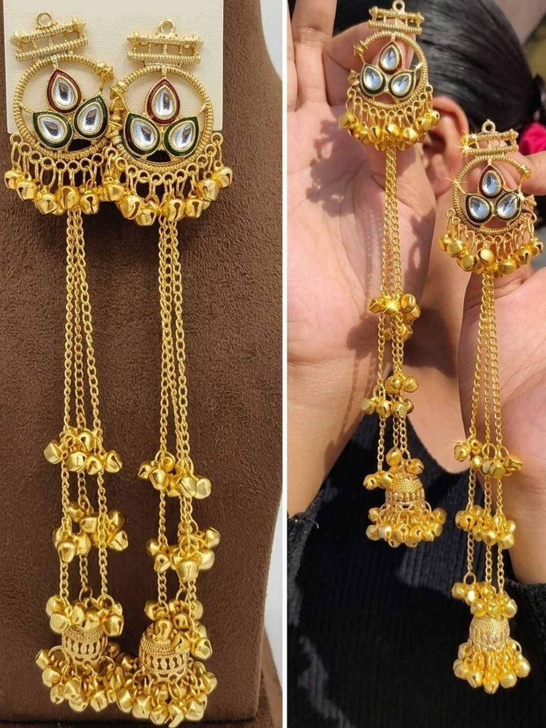 Exquisite Gold-Plated Kundan Jhumka Earrings with Long Sahara Chains | Traditional Indian Dangler