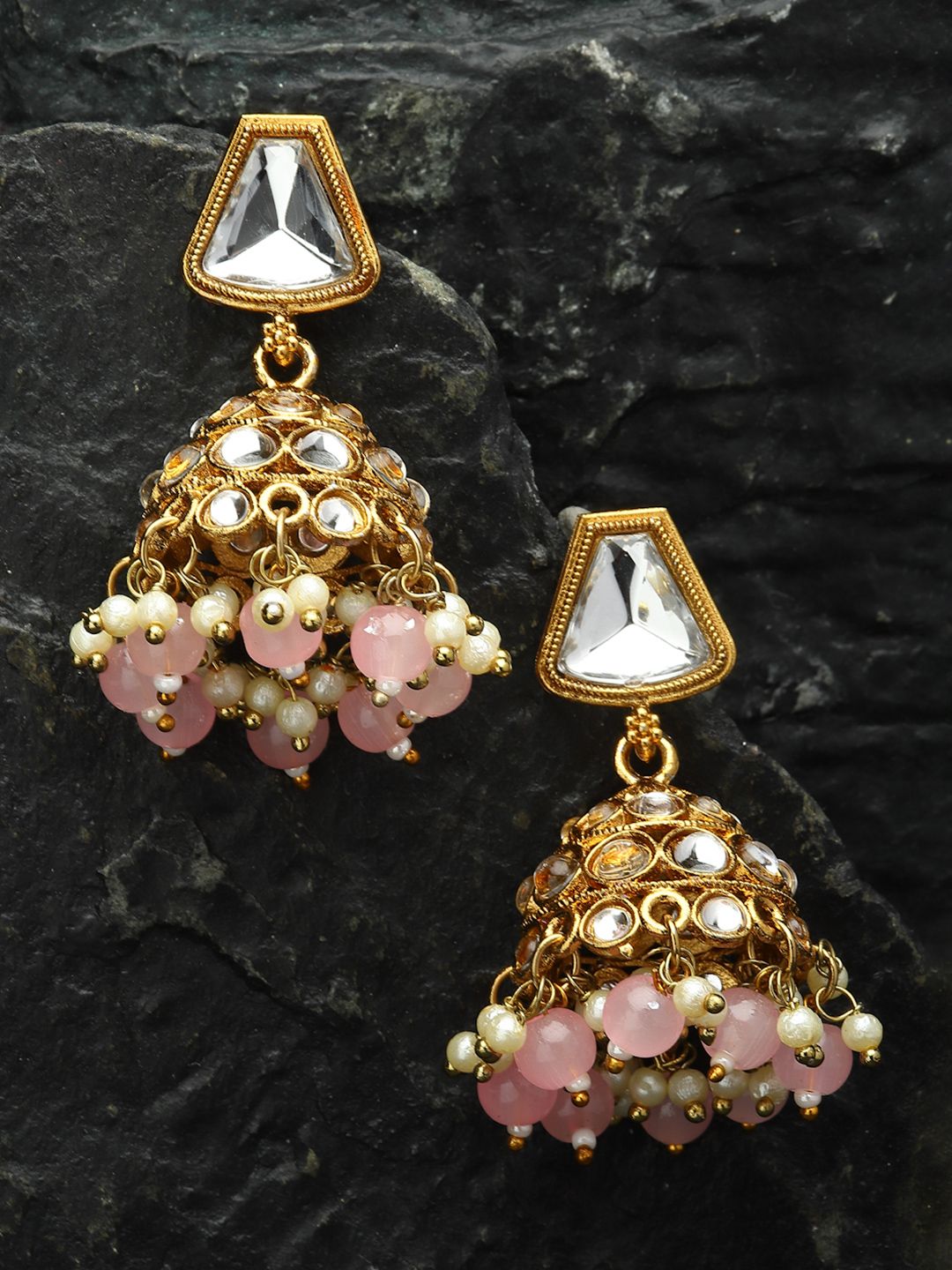 Exquisite Gold-Plated Kundan Jhumka Earrings with Pink Beads | Traditional Indian Artificial Jewelry