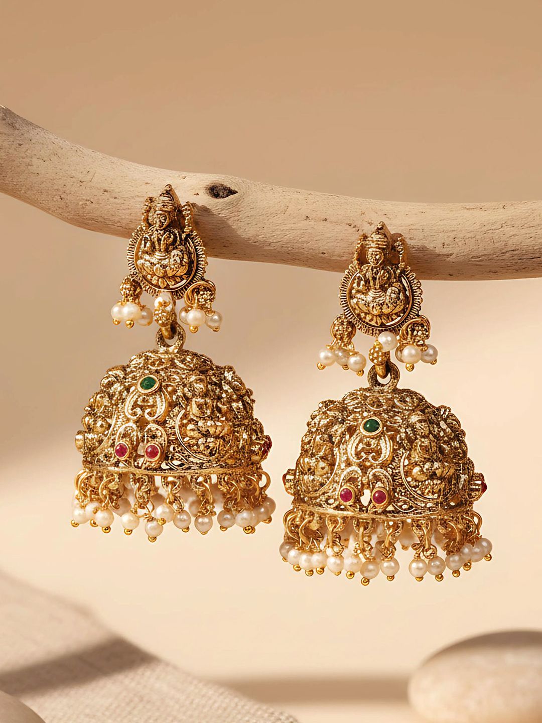 Exquisite Gold Plated Lakshmi Jhumkas for Traditional Indian Style