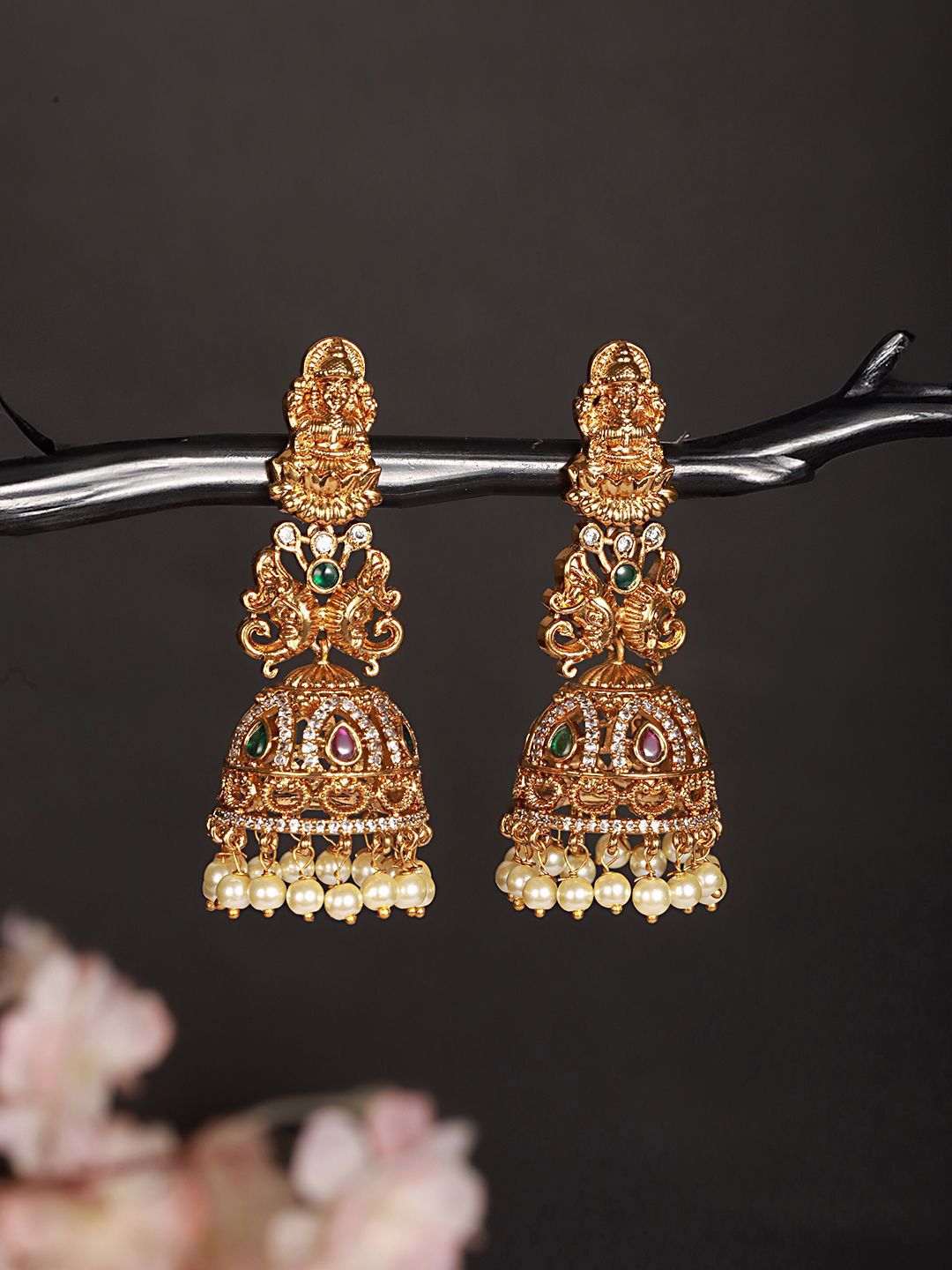 Exquisite Gold Plated Lakshmi Motif Temple Design Jhumka Earrings