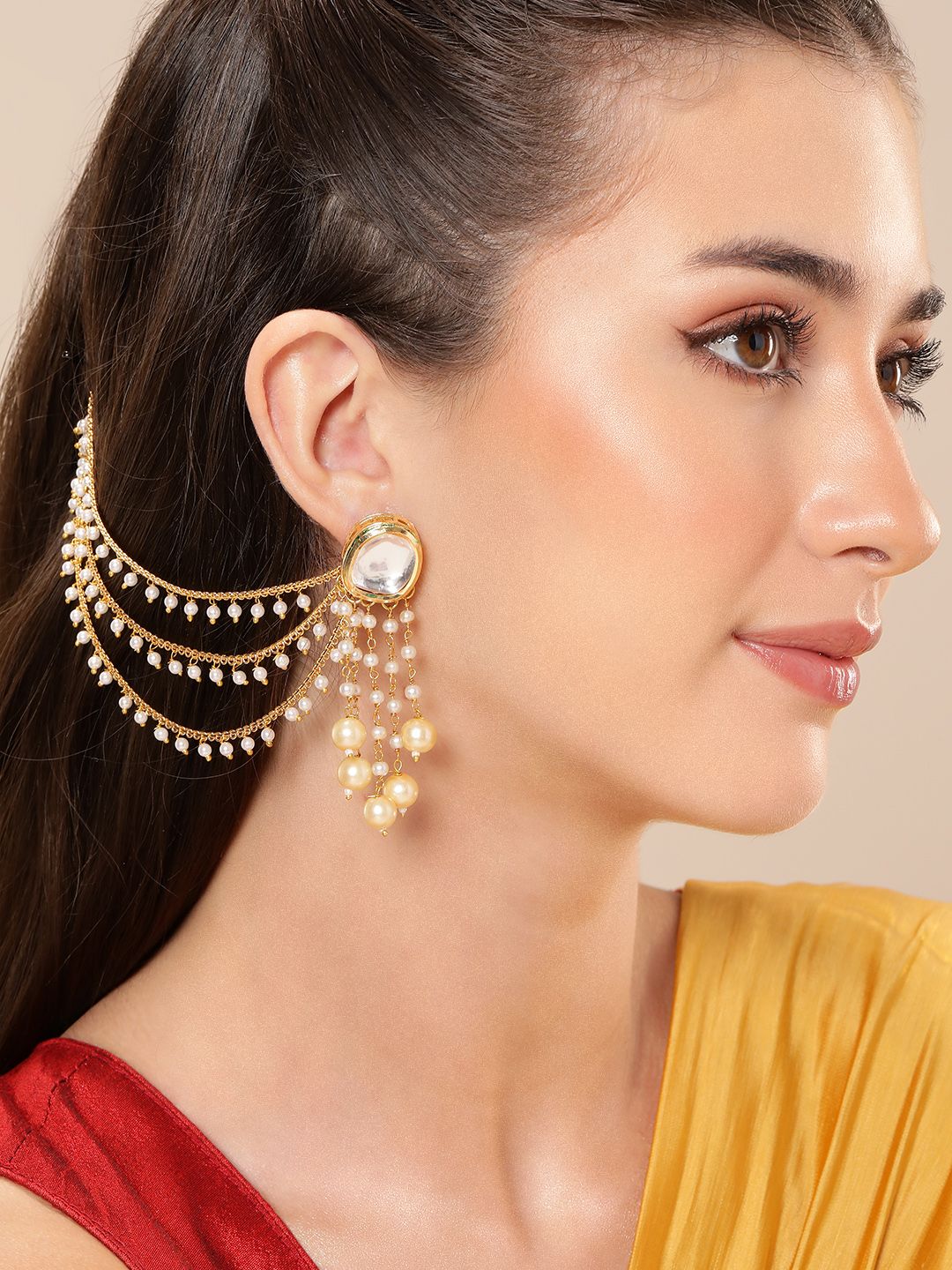 Exquisite Gold-Plated Pearl Jhumka Earrings with Ear Chain | Traditional Indian