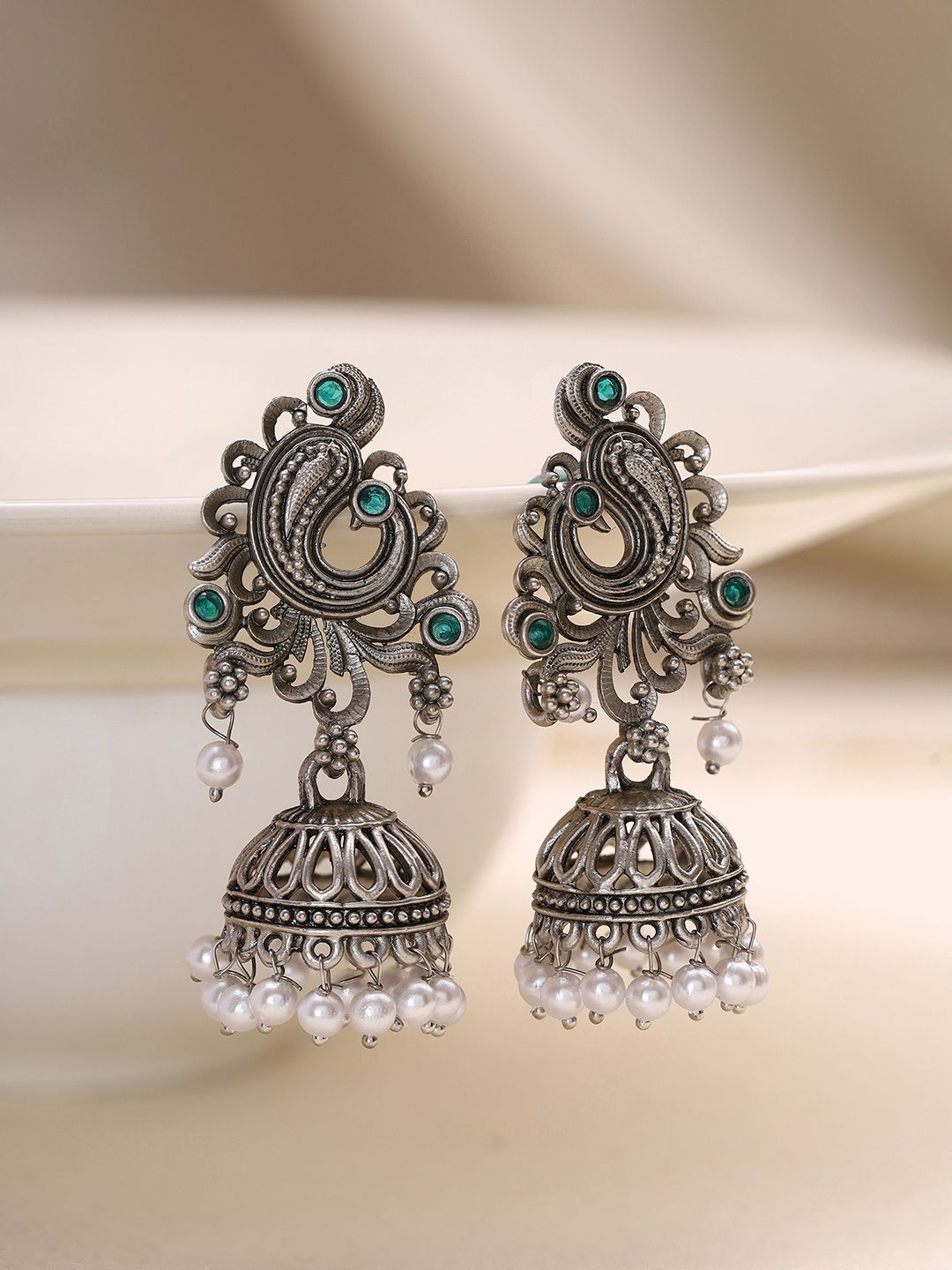 Exquisite Oxidized Finish Traditional Jhumka Earrings with Pearls