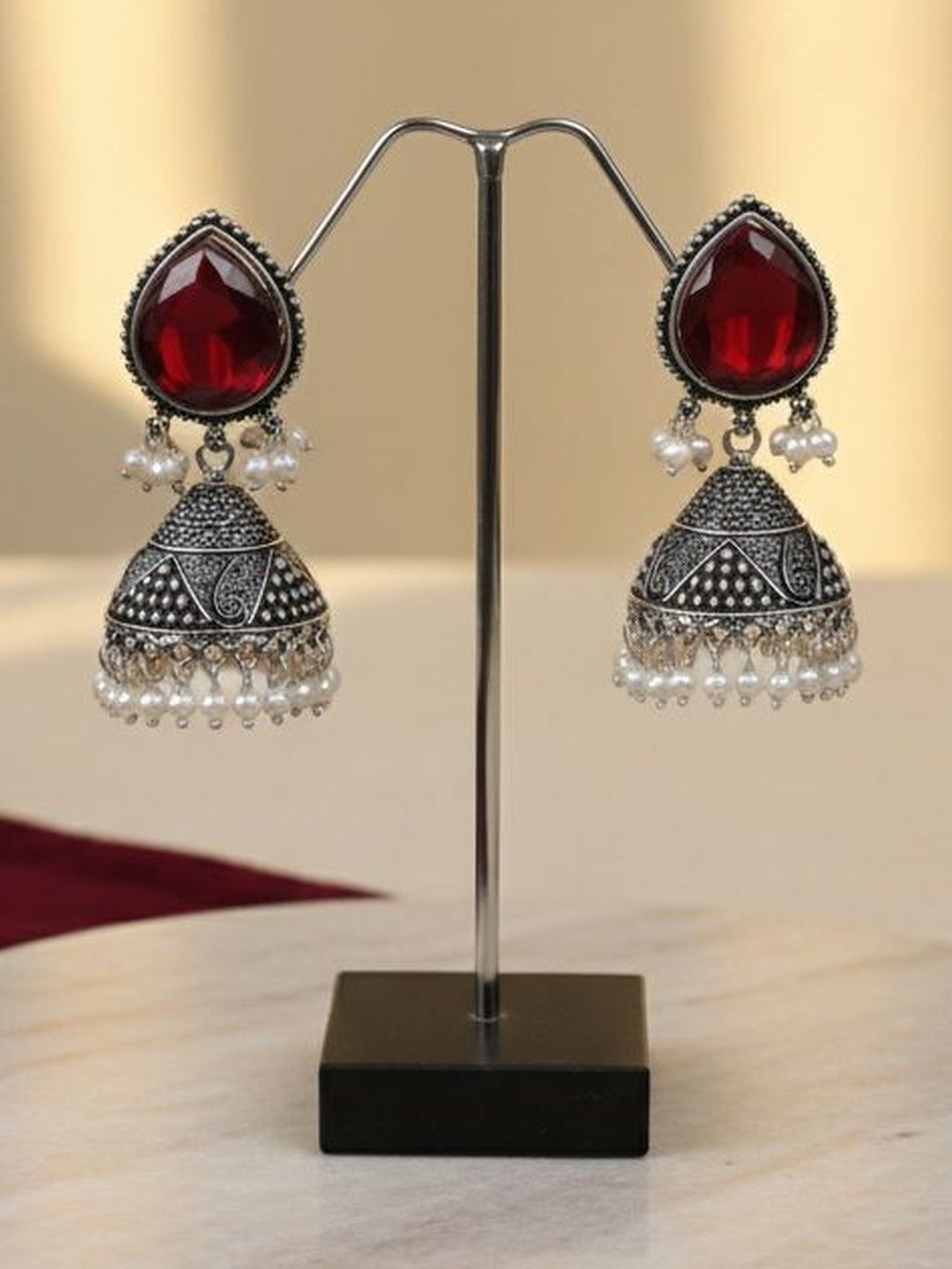 Exquisite Red Stone & Pearl Indian Jhumka Earrings | Traditional Artificial Jewelry