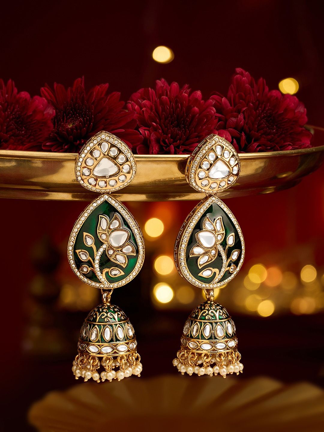 Exquisite Traditional Green Meenakari Jhumka Earrings