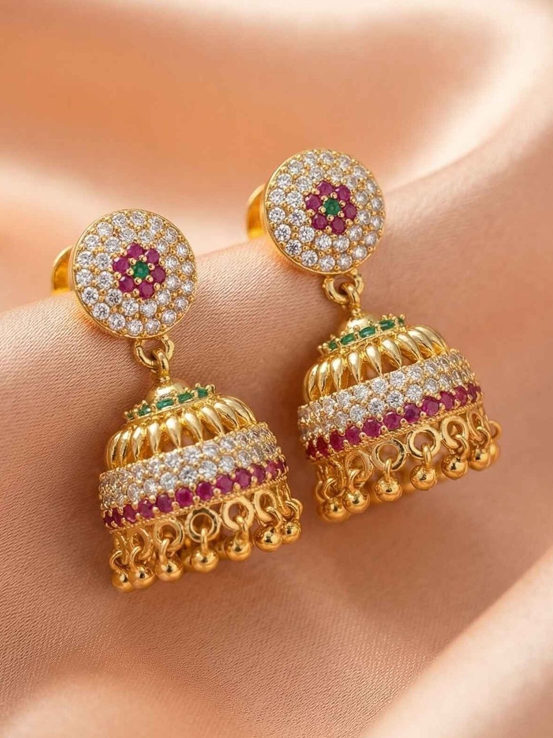Exquisite Traditional Indian Jhumka Earrings | Gold-Plated with Artificial Stones