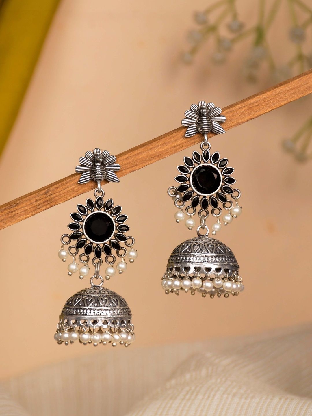 Exquisite Traditional Indian Jhumka Earrings | Oxidized Black Stone & Pearl Artificial Jewelry