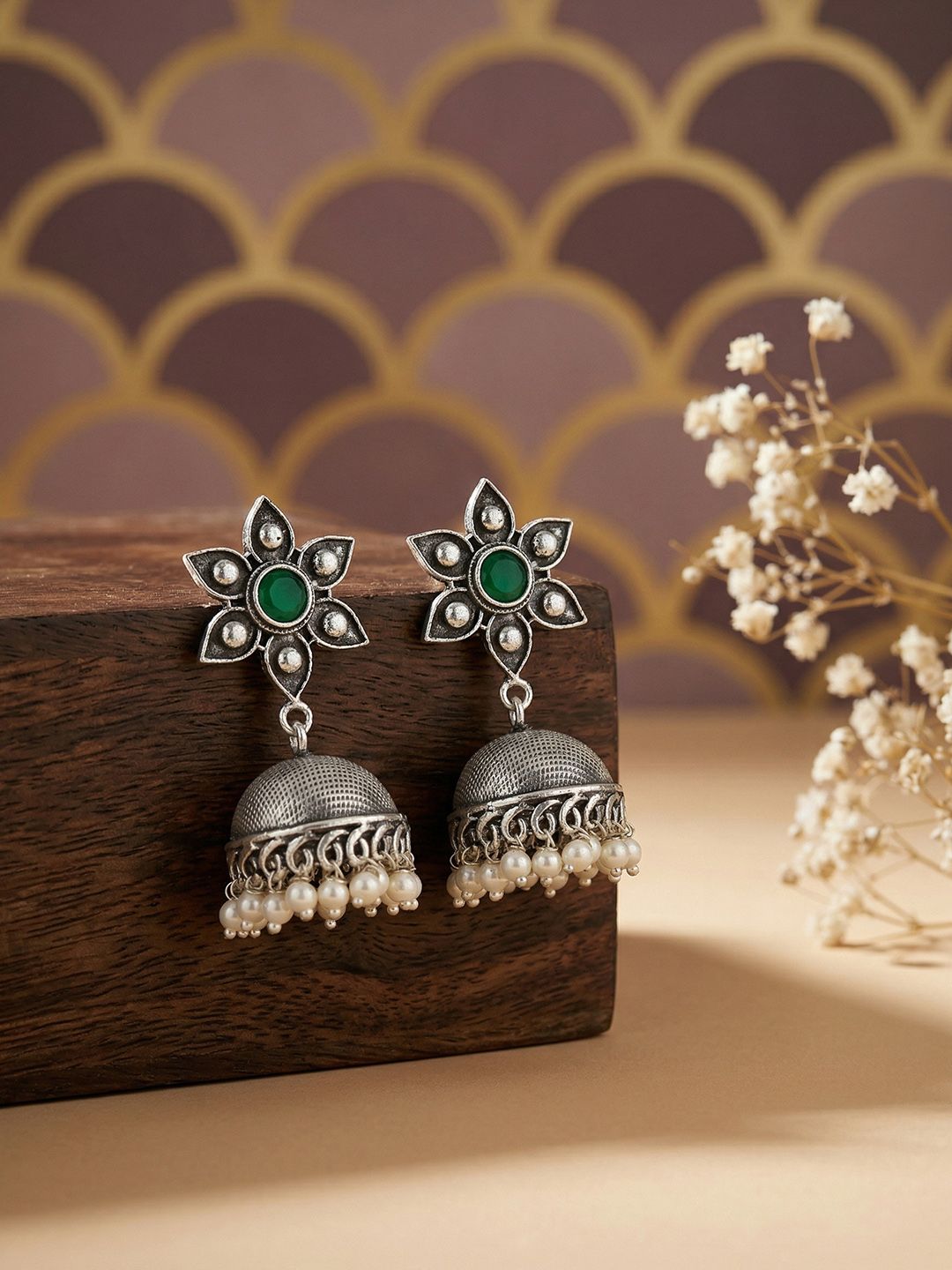 Floral Stud Oxidized Jhumka Earrings for Saree | Traditional Artificial Pearl Jhumkas