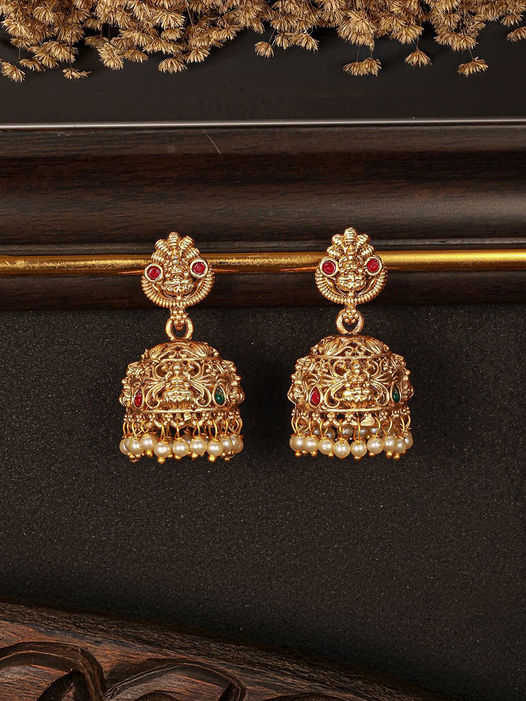 Gold Goddess Lakshmi Jhumka Earrings