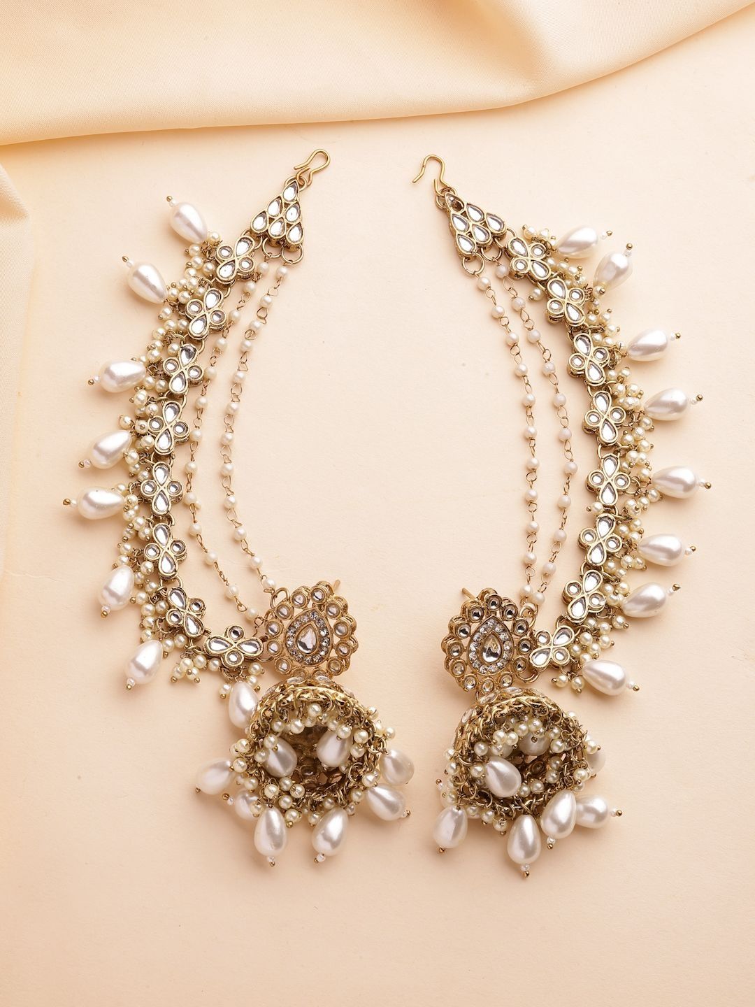 Gold Kundan Pearl Jhumka Earrings with Chain