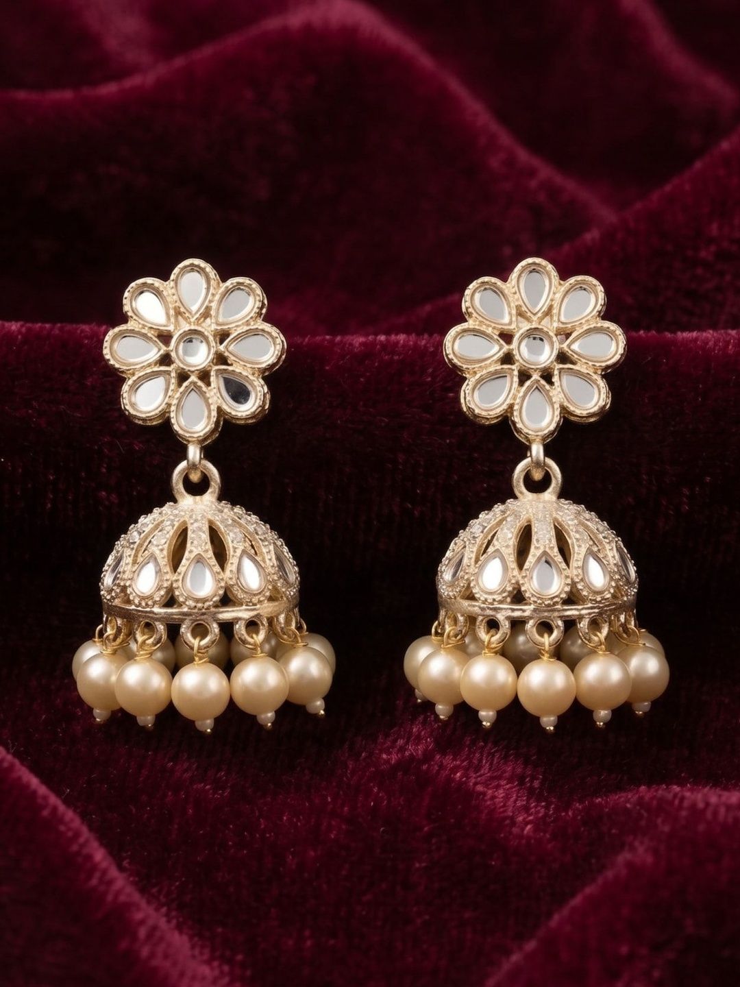 Gold Plated Ethnic Jhumka Earrings | Traditional Mirror Work & Pearls
